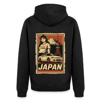 JDM Japan Retrodesign mit Auto und Mädchen - Unisex Premium Bio Zip Hoodie - Schwarz - Hinten - Nico (187cm)
