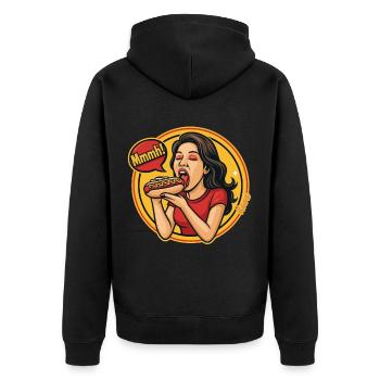 Frau genießt Hotdog Comic Pop Art Stil - Unisex Premium Bio Zip Hoodie - Schwarz - Hinten - Nico (187cm)