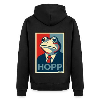Grenouille en costume avec dire Hopp parodie - Veste à capuche bio Premium Unisexe - noir - Dos - Nico (187cm)