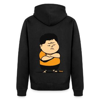 Bockiger Junge mit verschränkten Armen und Schmoll - Unisex Premium Bio Zip Hoodie - Schwarz - Hinten - Nico (187cm)