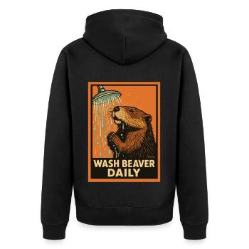 Biber unter Dusche mit lustigem Spruch - Unisex Premium Bio Zip Hoodie - Schwarz - Hinten - Nico (187cm)