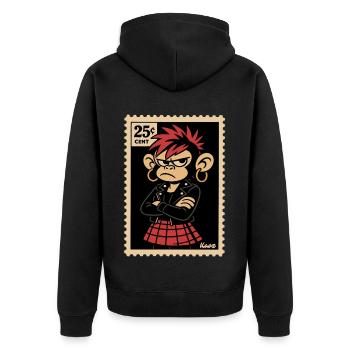 Punk Affe Mädchen im Briefmarken Look - Unisex Premium Bio Zip Hoodie - Schwarz - Hinten - Nico (187cm)