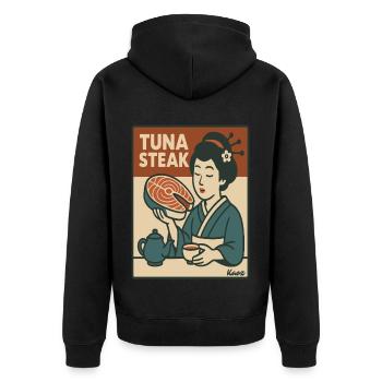 Geisha mit Thunfisch Steak Retro Japan Stil - Unisex Premium Bio Zip Hoodie - Schwarz - Hinten - Nico (187cm)