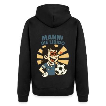 Manni schaut verliebt und hält einen Fußball - Unisex Premium Bio Zip Hoodie - Schwarz - Hinten - Nico (187cm)