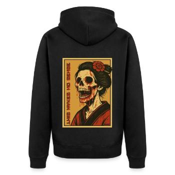 Das macht keinen Sinn: Skelett Geisha mit Kimono - Unisex Premium Bio Zip Hoodie - Schwarz - Hinten - Nico (187cm)