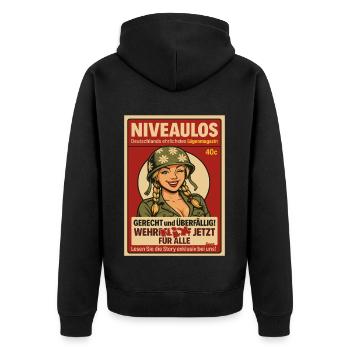 Comicfrau mit Helm im Magazin-Stil - Unisex Premium Bio Zip Hoodie - Schwarz - Hinten - Nico (187cm)