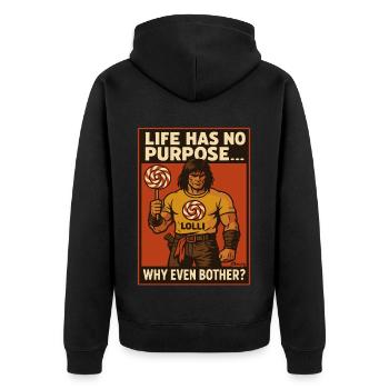 Muskulöser Krieger Mann mit Lolli Comicstil - Unisex Premium Bio Zip Hoodie - Schwarz - Hinten - Nico (187cm)