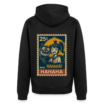 Mädchen mit Yokai Katze und Vollmond - Unisex Premium Bio Zip Hoodie - Schwarz - Hinten - Nico (187cm)