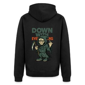 Sensenmann zeigt Mittelfinger mit Text - Unisex Premium Bio Zip Hoodie - Schwarz - Hinten - Nico (187cm)