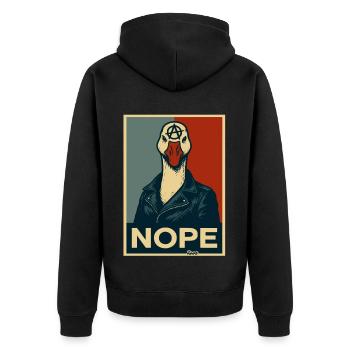 Gans mit Lederjacke sagt Nein - Unisex Premium Bio Zip Hoodie - Schwarz - Hinten - Nico (187cm)
