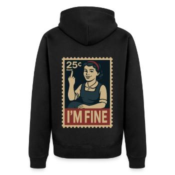 Frau mit Mittelfinger und Text „Mir geht es gut“ - Unisex Premium Bio Zip Hoodie - Schwarz - Hinten - Nico (187cm)