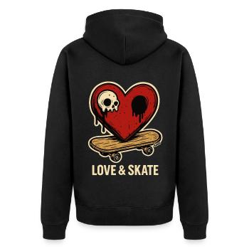 Herz mit Totenkopf auf Skateboard - Unisex Premium Bio Zip Hoodie - Schwarz - Hinten - Nico (187cm)