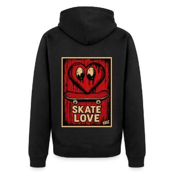 Tropfendes Herz Skateboard mit Text „Skate Liebe" - Unisex Premium Bio Zip Hoodie - Schwarz - Hinten - Nico (187cm)