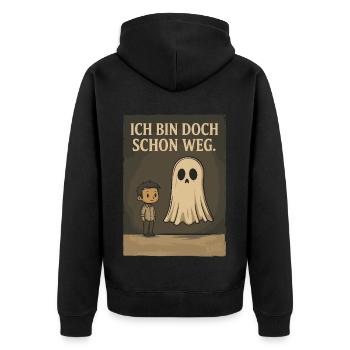 Junge mit Geist und Text „Ich bin doch schon weg“ - Unisex Premium Bio Zip Hoodie - Schwarz - Hinten - Nico (187cm)