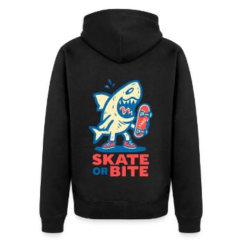 Comic-Hai mit Skateboard und Spruch - Unisex Premium Bio Zip Hoodie - Schwarz - Hinten - Nico (187cm)