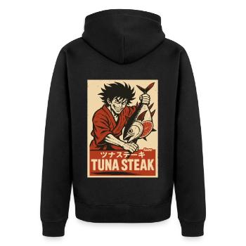 Mann im Kimono mit Thunfisch und Schriftzug „Tuna - Unisex Premium Bio Zip Hoodie - Schwarz - Hinten - Nico (187cm)