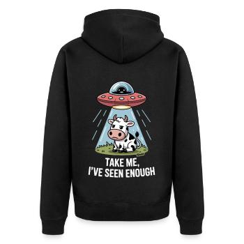 Kuh mit UFO und Lichtstrahl Alien Entführung - Unisex Premium Bio Zip Hoodie - Schwarz - Hinten - Nico (187cm)