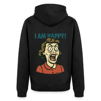 Schreiende Retro-Hausfrau: Ich bin glücklich! - Unisex Premium Bio Zip Hoodie - Schwarz - Hinten - Nico (187cm)