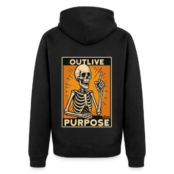 Skelett mit erhobenem Finger „Überlebe den Zweck“ - Unisex Premium Bio Zip Hoodie - Schwarz - Hinten - Nico (187cm)