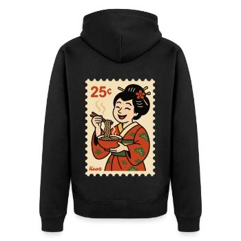 Geisha en kimono avec bol de nouilles sur timbre-poste - Veste à capuche bio Premium Unisexe - noir - Dos - Nico (187cm)