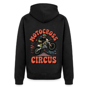 Motocross-Fahrer über Zirkuszelt im Comic-Stil - Unisex Premium Bio Zip Hoodie - Schwarz - Hinten - Nico (187cm)