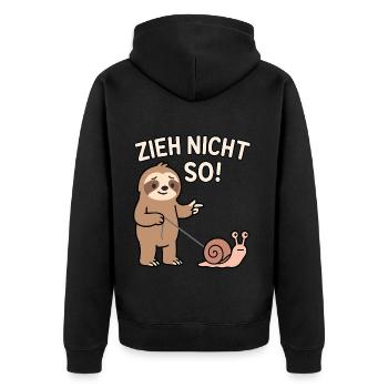 Faultier Humor Spruch Zieh Nicht So - Unisex Premium Bio Zip Hoodie - Schwarz - Hinten - Nico (187cm)