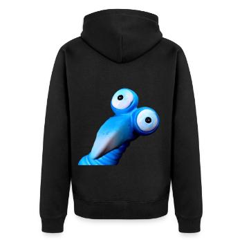Lustiger blauer Vogel mit großen Augen - Unisex Premium Bio Zip Hoodie - Schwarz - Hinten - Nico (187cm)