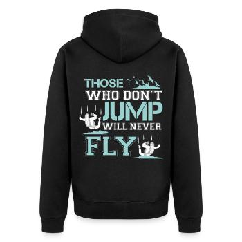 wer nicht springt, wird nie fliegen - Unisex Premium Bio Zip Hoodie - Schwarz - Hinten - Nico (187cm)