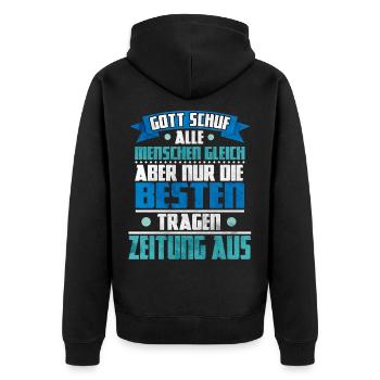 Zeitung Austragen Zeitungsausträger T-Shirt - Unisex Premium Bio Zip Hoodie - Schwarz - Hinten - Nico (187cm)
