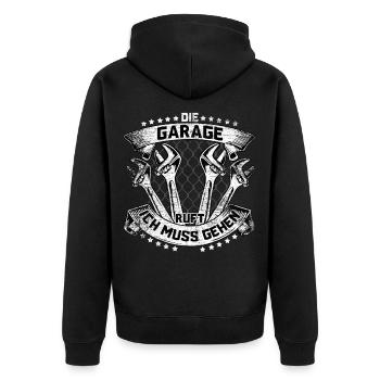 Die Garage Ruft Ich Muss Gehen - Unisex Premium Bio Zip Hoodie - Schwarz - Hinten - Nico (187cm)