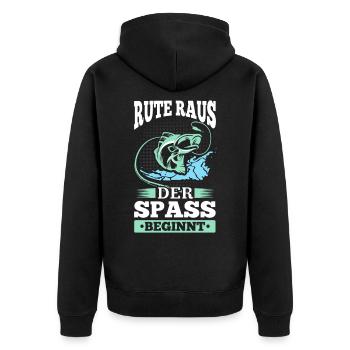 Rute Raus Der Spass Beginnt! Angler Geschenk - Unisex Premium Bio Zip Hoodie - Schwarz - Hinten - Nico (187cm)