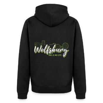 Wolfsburg - My City - - Home - Unisex Premium Organic Zip Hoodie - black - Back - Nico (187cm)