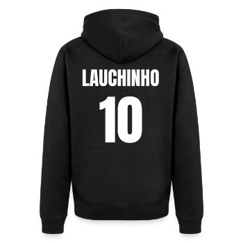 Cooles Lauchinho Kreisliga Trikot Sunday League - Unisex Premium Bio Zip Hoodie - Schwarz - Hinten - Nico (187cm)