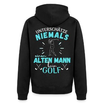 UNTERSCHÄTZE NIEMALS EINEN ALTEN MANN BEIM GOLF! - Unisex Premium Bio Zip Hoodie - Schwarz - Hinten - Nico (187cm)