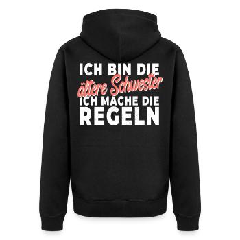 Ältere Schwester - Geschwister Liebe Spruch - Unisex Premium Bio Zip Hoodie - Schwarz - Hinten - Nico (187cm)