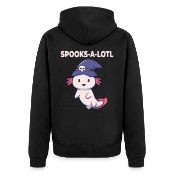 Halloween-Axolotl-Kostüm Spooks-A-Lotl - Unisex Premium Bio Zip Hoodie - Schwarz - Hinten - Nico (187cm)
