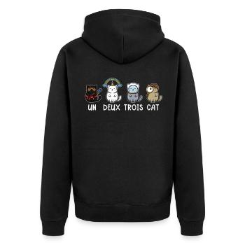 Wortspiel Mieze Katze Französisch Niedlich Lustig - Unisex Premium Bio Zip Hoodie - Schwarz - Hinten - Nico (187cm)