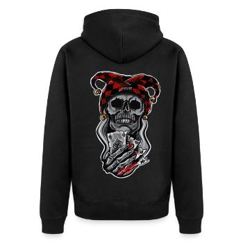 Harlekin/ Schädel/ Joker - Unisex Premium Bio Zip Hoodie - Schwarz - Hinten - Nico (187cm)