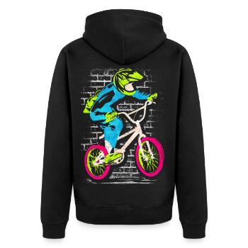 BMX Fahrrad | Buntes BMX - BMX Fahrer - Unisex Premium Bio Zip Hoodie - Schwarz - Hinten - Nico (187cm)