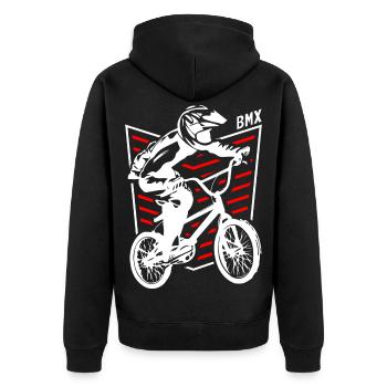 Bmx Abzeichen | Bmx Fahrrad Fahrer Rot | Bmx Bike - Unisex Premium Bio Zip Hoodie - Schwarz - Hinten - Nico (187cm)