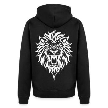Kraftvoller Löwenkopfsilhouette - Unisex Premium Bio Zip Hoodie - Schwarz - Hinten - Nico (187cm)