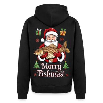 Angler Weihnachtspullover Merry Fishmas Karpfen - Unisex Premium Bio Zip Hoodie - Schwarz - Hinten - Nico (187cm)