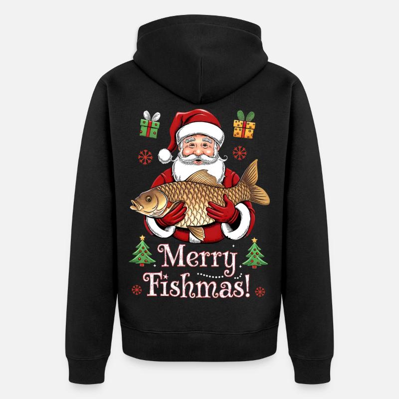 Angler Weihnachtspullover Merry Fishmas Karpfen - Unisex Premium Bio Zip Hoodie - Schwarz