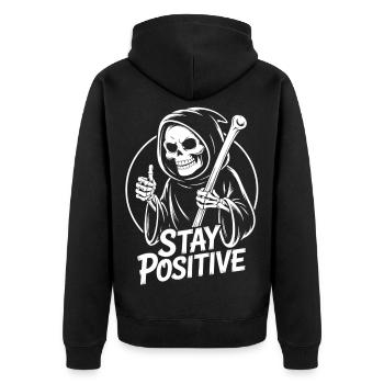 Bleib Positiv Grim Reaper Design - Unisex Premium Bio Zip Hoodie - Schwarz - Hinten - Nico (187cm)
