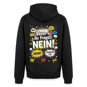 Bevor du fragst: Nein! Statement - Unisex Premium Bio Zip Hoodie - Schwarz - Hinten - Nico (187cm)