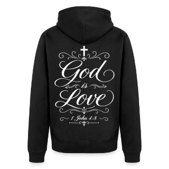 Gott ist Liebe – 1. Johannes 4,8 - Unisex Premium Bio Zip Hoodie - Schwarz - Hinten - Nico (187cm)