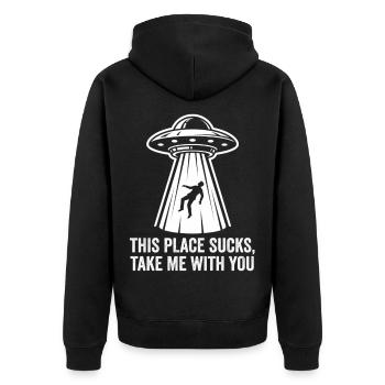 Texte de l’enlèvement d’OVNI Tee - Veste à capuche bio Premium Unisexe - noir - Dos - Nico (187cm)