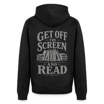 Geh vom Bildschirm weg und lies - Unisex Premium Bio Zip Hoodie - Schwarz - Hinten - Nico (187cm)