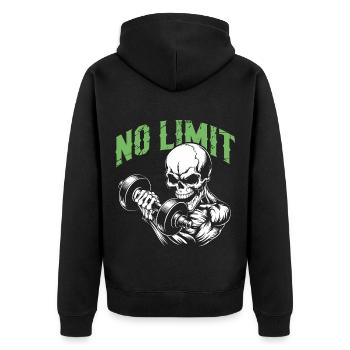 No Limit Workout Bodybuilding Skull mit Hantel - Unisex Premium Bio Zip Hoodie - Schwarz - Hinten - Nico (187cm)