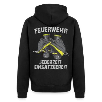 Jederzeit einsatzbereit - Unisex Premium Bio Zip Hoodie - Schwarz - Hinten - Nico (187cm)